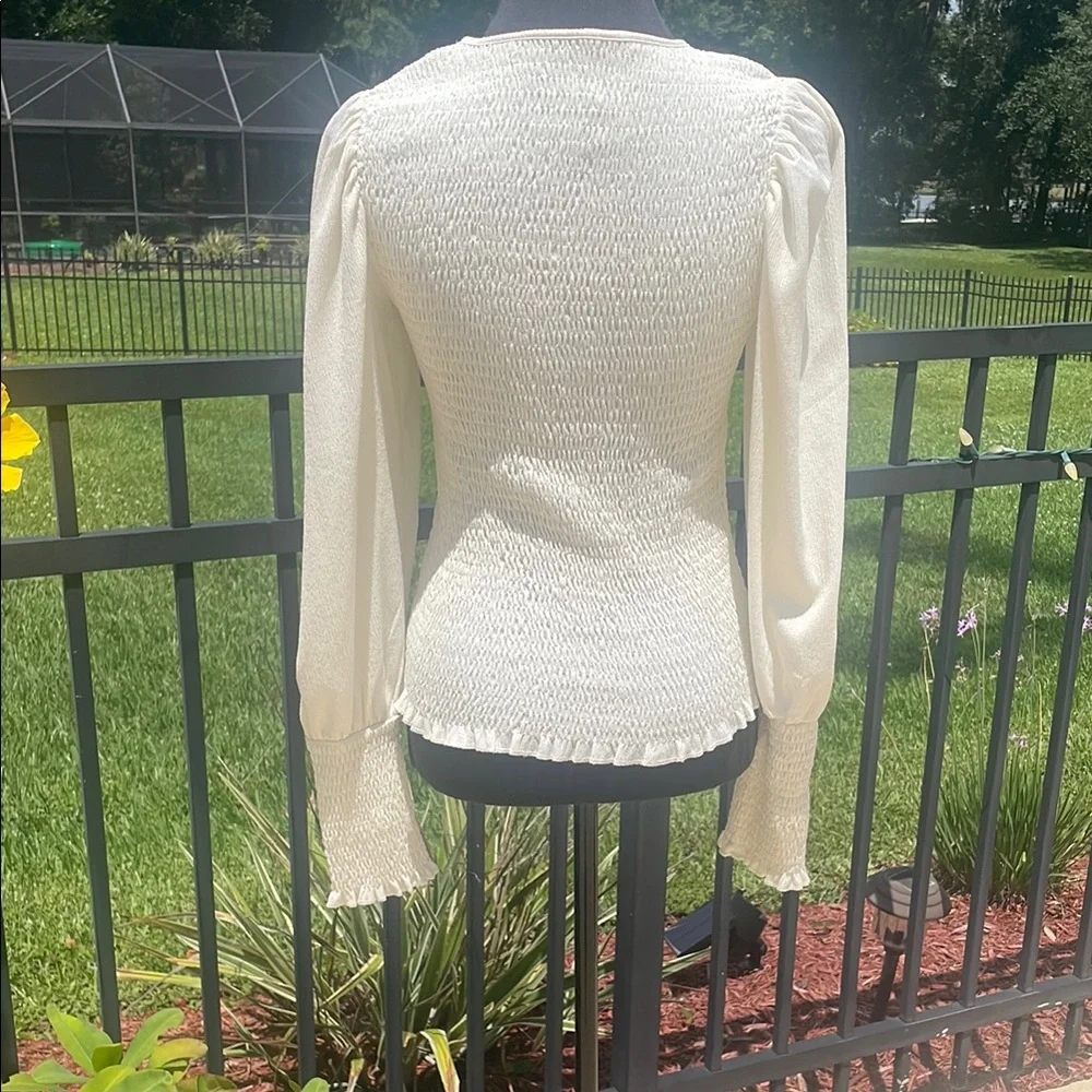 Anthropologie Cream Smocked Puff Sleeve Blouse